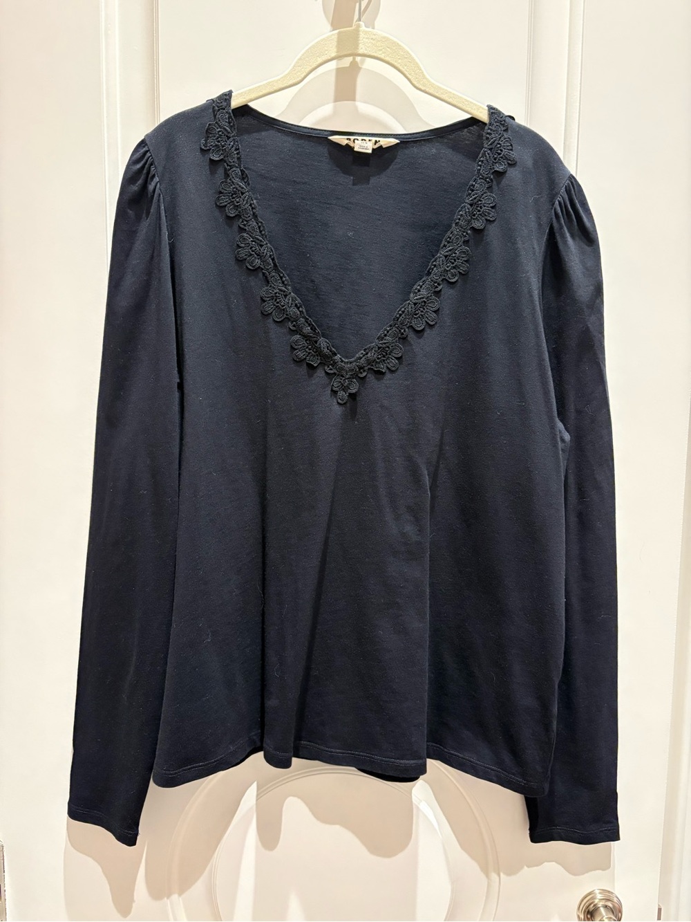 Boden Navy Long-Sleeve V-Neck Top with Lace Trim